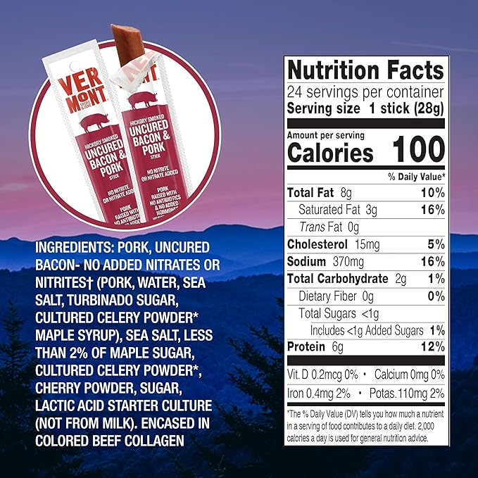 Vermont Smoke & Cure Meat Sticks - Uncured Pork Bacon Sticks - Protein Snacks, No Antibiotics or Added Hormones, Hiking Snacks - 1 oz, 24 count carton