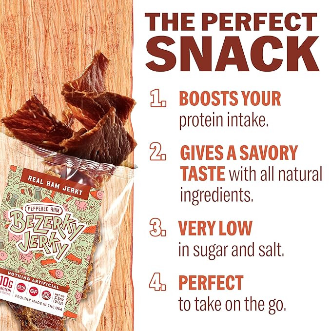 Old Fashioned Real Ham Jerky | Peppered Ham | No Artificial Sweeteners | Keto-Friendly | High Protein Meat Snack | Gluten-Free | Small Batch Handcrafted | Bezerky Jerky | 16 ounce (Pack of 1)