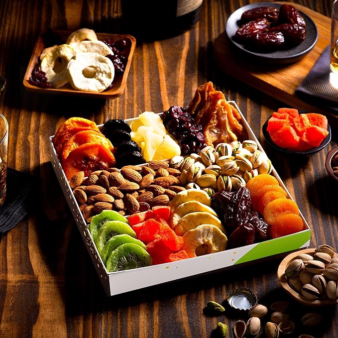 NUT CRAVINGS - Diwali Sweets Hamper Rosh Hashana & Shana Tova Dried Fruit & Mixed Nuts Gift Basket in White Gold Box (12 Assortments) Food Arrangement, Healthy Snack Care Package, Food Assortments