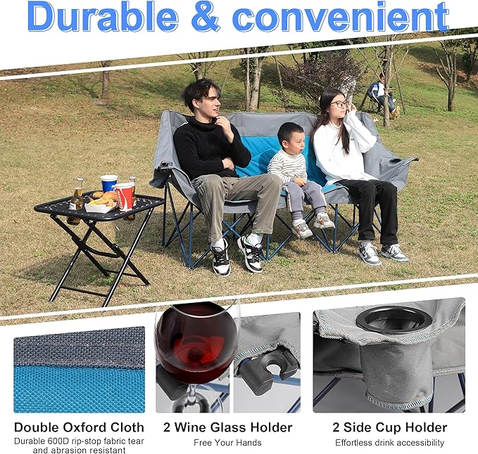 3 Person Camping Chairs,Supports 900Lbs,Oversized Loveseat Camp Chair w/Cup Holder,Wine Glasses Holder,Heavy Duty Extra Large Outdoor Folding Sofa Perfect for Family Picnic,Parties,Garden