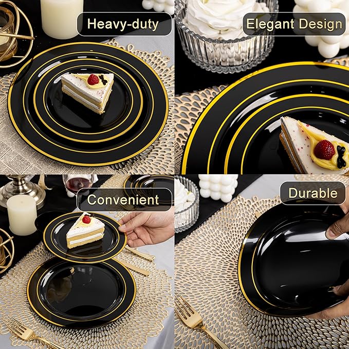 350 Pieces Black and Gold Plastic Plates with Disposable Silverware, Include 50 Dinner Plates 9”, 50 Dessert Plates 6.3”, 50 Black Cups 9 OZ, 50 Pre Rolled Napkins for Halloween new year