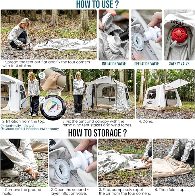 TAILI Inflatable Blow Up Tent for Camping with Hand Pump for 2/3/4/6 Person, Easy Setup Outdoor Inflatable Oxford Waterproof Air Tent House for Family Camping Adult
