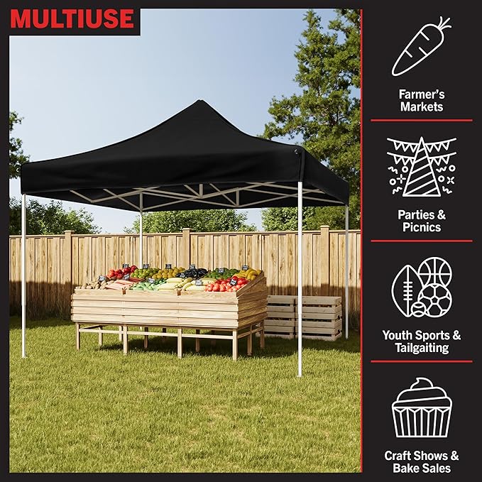 Pop Up Canopy - 10x10 ft Canopy Tent - UPF30 Beach Tent Sun Shelter - Adjustable Height EZ Up Canopy with Bag - Tents for Parties by Stalwart (Black)