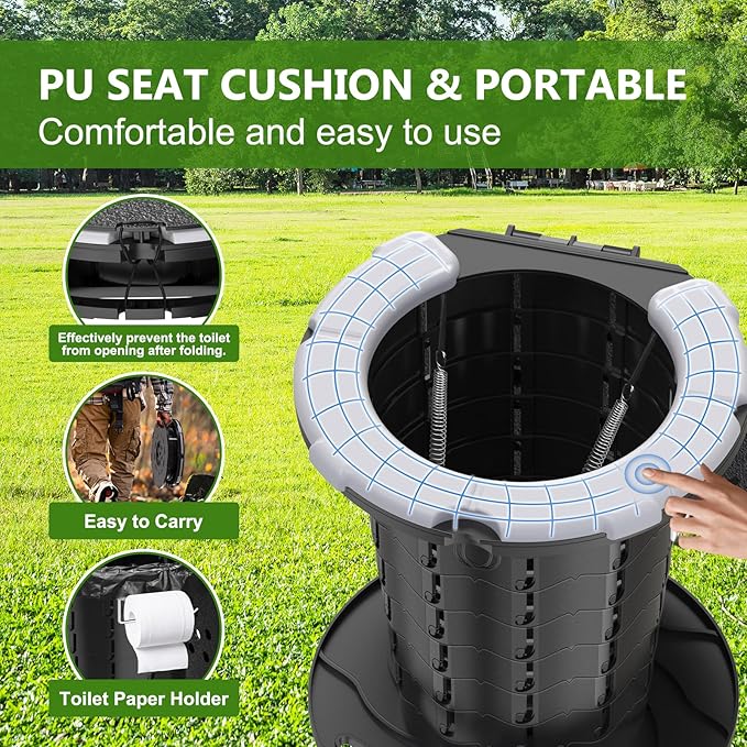 BLIKA Upgraded Retractable Portable Toilet with Soft Cushioned Seat, 350LBS Foldable Camp Toilet for Adults & Kids, Compact Travel Toilet for Camping, Hiking, RV Travel, Road Trips