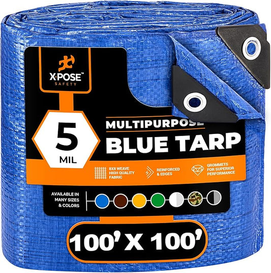 Better Blue Poly Tarp 100' x 100' - Multipurpose Protective Cover, Lightweight, Durable, Waterproof, Weather Proof - 5 Mil Thick Polyethylene - by Xpose Safety