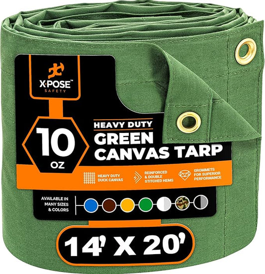 Xpose Safety Canvas Tarp - 10oz Green Canvas Tarps Heavy Duty Water Resistant with Brass Grommets- Multipurpose Outdoor Tarpaulin for Camping, Canopy, Trailer, Equipment Cover 14' x 20'