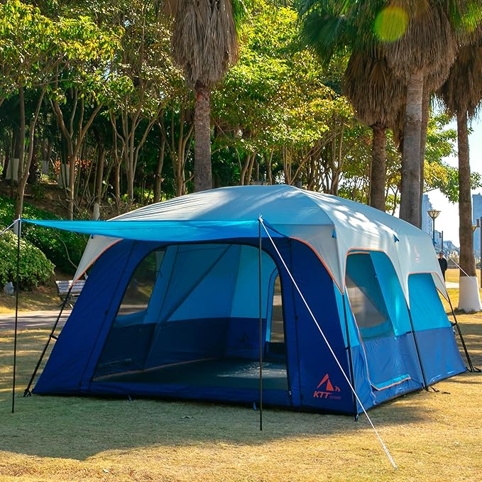 KTT Extra Large Tent 6-10-12-14 Person(A),Family Cabin Tents,2 Rooms,3 Doors and 3 Windows with Mesh,Straight Wall,Waterproof,Double Layer,Big Tent for Outdoor,Picnic,Camping,Family Gathering