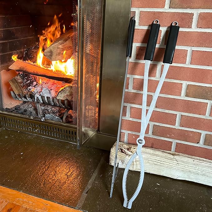 Fireplace Tools Set with 28" Fire Poker and Fire Tongs, Stainless Steel Firewood Tongs with Sturdy Stand, Rubber Handle Log Grabber for Fire Pit Campfire Backyard Bonfire Wood Stove Indoor&Outdoor