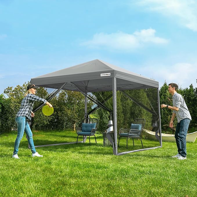 VIVOHOME 8x8ft Easy Pop-Up Canopy, Outdoor Screen Tent with Mosquito Netting, 2 Zipper Doors, and Roller Bag for Yard Camping Picnic Party Events, Grey