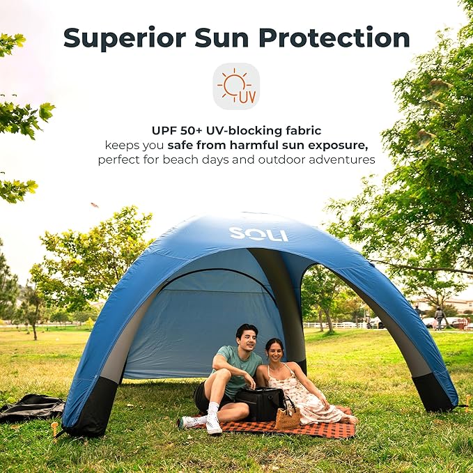 SOLI: Air Canopy 12' - Cool Grey - Outdoor & Beach Self-Inflating Sun Tent, Shade Wall, UPF 50+, Pump-Stakes-Ropes, Lightweight & Portable, Backpack