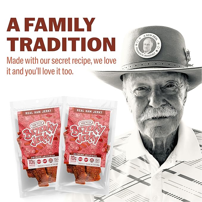 Premium Ham Jerky | Flavorful Pizza Ham | Camping Food | Backpacking Snacks | Low Fat High Protein Jerky | Non-GMO | Small Batch Handcrafted | Healthy Snacks | Bezerky Jerky | 16 ounce (Pack of 1)