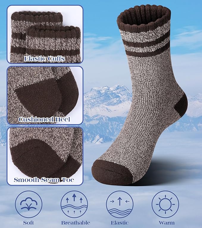 Yeblues 5 Pairs Wool Socks Mens, Winter Thick Merino Warm Hiking Socks,Soft Casual Thermal Crew Socks