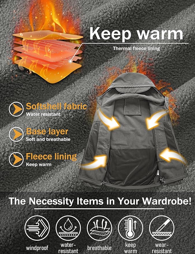 MAGCOMSEN Men's Tactical Jacket 7 Pockets Performance Fleece Lined Water Resistant Ski Snow Soft Shell Winter Coats