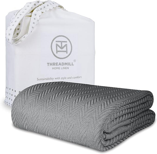 Threadmill Luxury Cotton Blankets for Twin Size Bed | All-Season 100% Cotton Twin Blanket for Bed | Herringbone Soft & Cozy Fall Thermal Blanket, 350GSM, 68x92 inches | Dark Grey