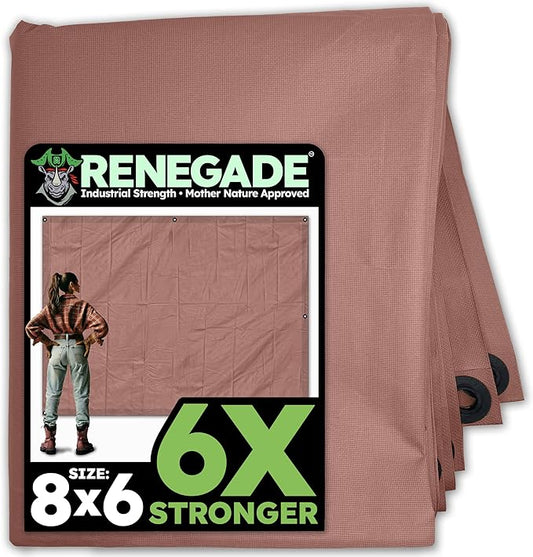 RENEGADE Industrial Tarp 8x6 ft Brown – Heavy Duty, Waterproof, UV-Resistant, PFAS-Free – Multi-Purpose Cover for Camping, Landscaping, Construction & Vehicle Use