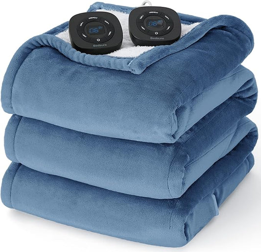 Bedsure Electric Blanket Queen Size - Dual Control Heated Blanket Queen, Fast Heating with 10 Time Settings & 10 Heat Settings, Warm Gift for Grandma (84x90 inches, Blue)
