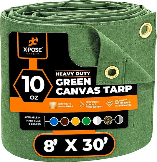 Xpose Safety Canvas Tarp - 10oz Green Canvas Tarps Heavy Duty Water Resistant with Brass Grommets- Multipurpose Outdoor Tarpaulin for Camping, Canopy, Trailer, Equipment Cover 8' x 30'