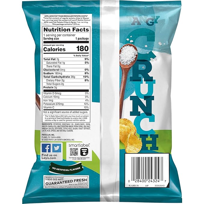 Lay's Kettle Cooked Potato Chips, 40% Less Fat Salt & Vinegar, 1.375 Ounce (Pack of 64)