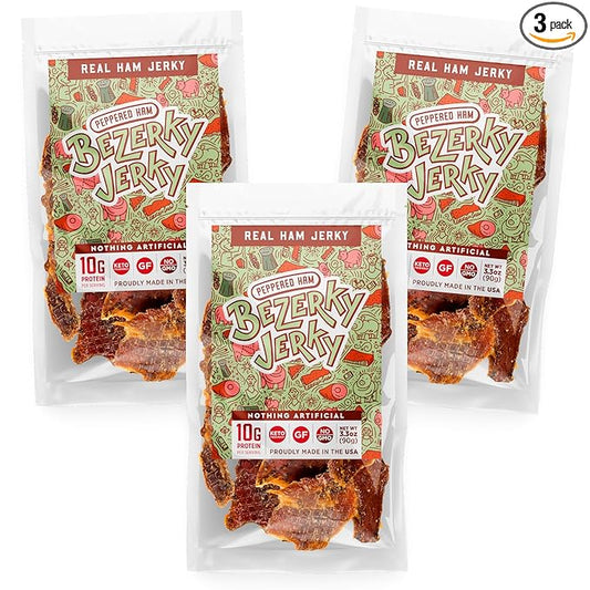 All Natural Real Ham Jerky | Peppered Ham | Small Batch Handcrafted | Old Fashioned | Low Fat High Protein | Gluten-Free | Non-GMO | Small Batch Handcrafted | Healthy Snack | Bezerky Jerky | Pack of 3