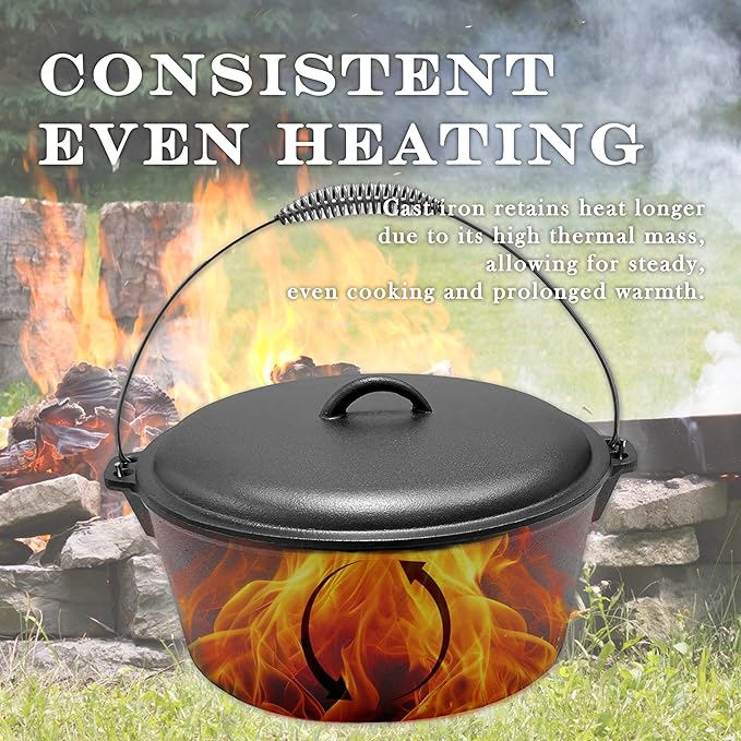Cuisiland 9 Quart Cast Iron Dutch Oven with Dome Lid & Bail Handle – Pre-Seasoned Campfire Pot for Outdoor Cooking, Baking, Braising & Stews – Heavy-Duty, Even-Heat Casserole Pot for Camping & Home Use