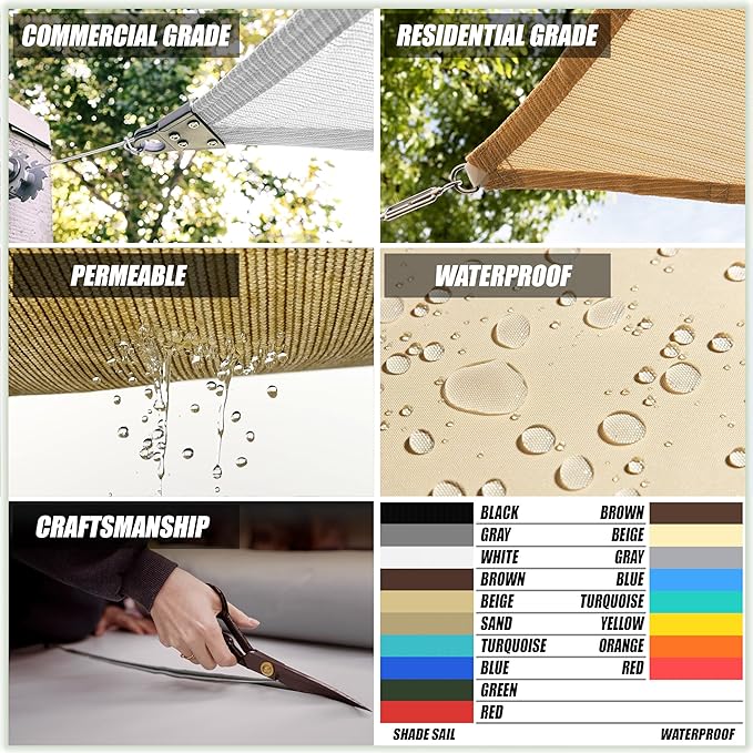 ColourTree Super Ring 11' x 11' x 15.6' Beige Right Triangle Customized Size Sun Shade Sail,Commercial Grade Canopy, Reinforced Corners & Edges, 260 GSM Fabric Heavy Duty -3 Years Warranty