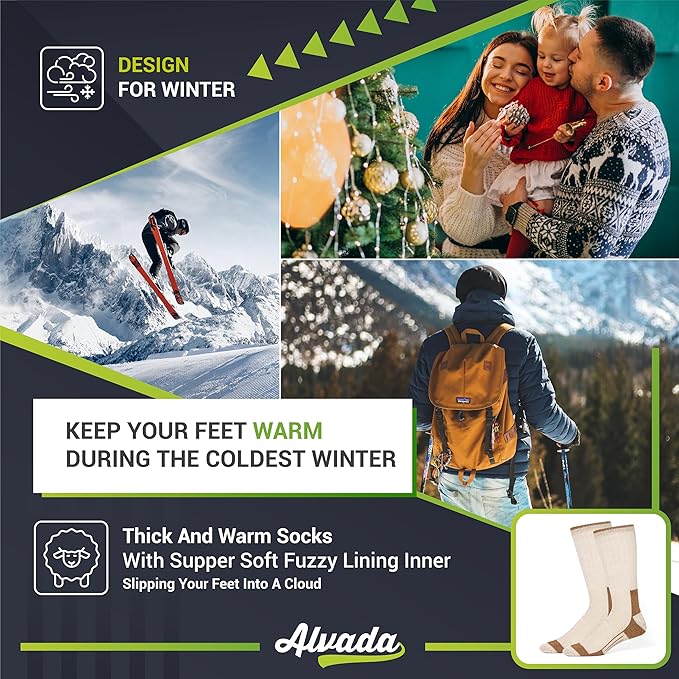 Alvada Merino Wool Hiking Socks Thermal Warm Crew Winter Boot Sock For Men & Women 3 Pairs