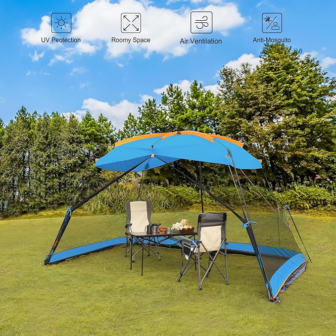 Hyper Venture Screen House 13x9 FT 4 Mesh Walls Canopy Tent Camping Gazebo Shelter for 6-8 People Outdoor Party Activities, Blue