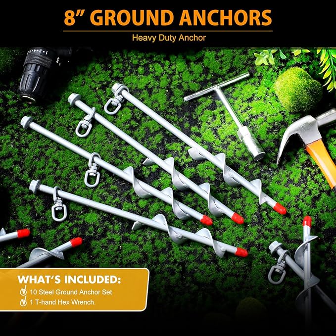 Hiboom Ground Anchor Screw Heavy Duty Earth Anchors Tent Stakes for High Wind with T Handle Hex Wrench Trampoline Hook Ground Stakes for Camping Canopies Car Ports Sheds