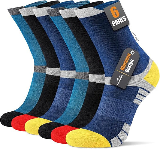 6 Pairs Men's Cotton Crew Work Boot Socks, Moisture Cushioned Athletic Sports Socks for Hiking Running Workout