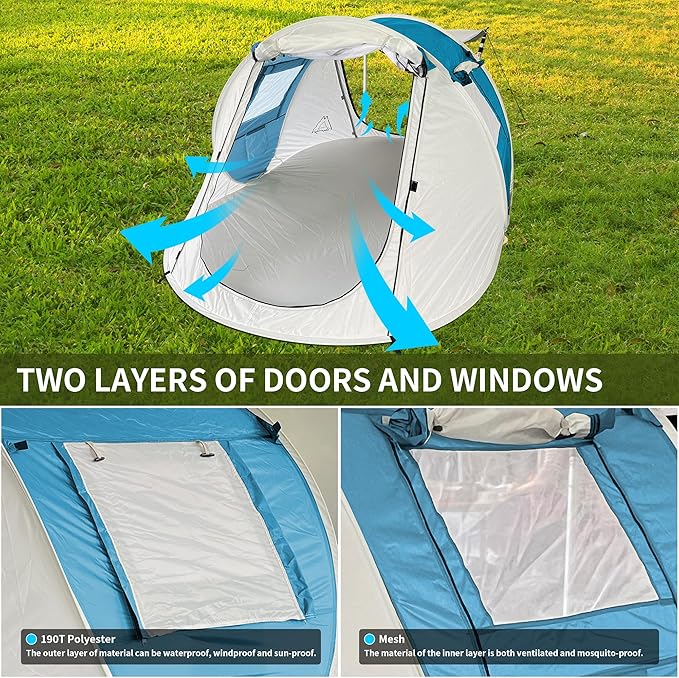 TENPLAY Pop Up Tent,2 People,190T Polyester,Waterproof2000mm,PU Coating,Automatic Setup,2Door,UV Protection,Lightweight,Portable Tent for Hiking,Picnic,Camping