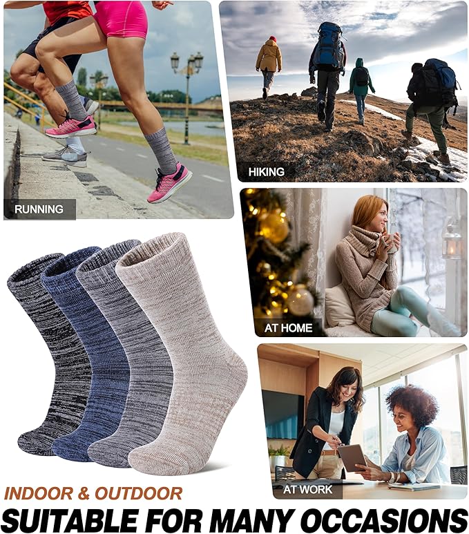 LANLEO Merino Wool Hiking Socks for Women Men Thermal Extra Thick Winter Warm Comfy Cushioning Crew Boot Socks 4 Pairs