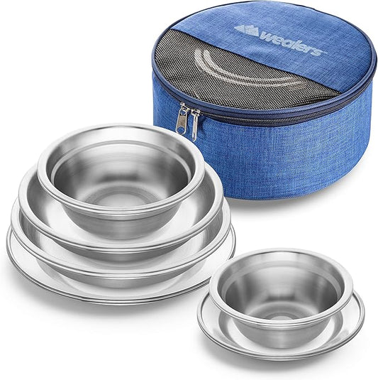 Wealers Stainless Steel Plates and Bowls Camping Set Small and Large Dinnerware for Kids, Adults, Family | Camping, Hiking, Beach, Outdoor Use | Incl. Travel Bag (12 Piece Set)