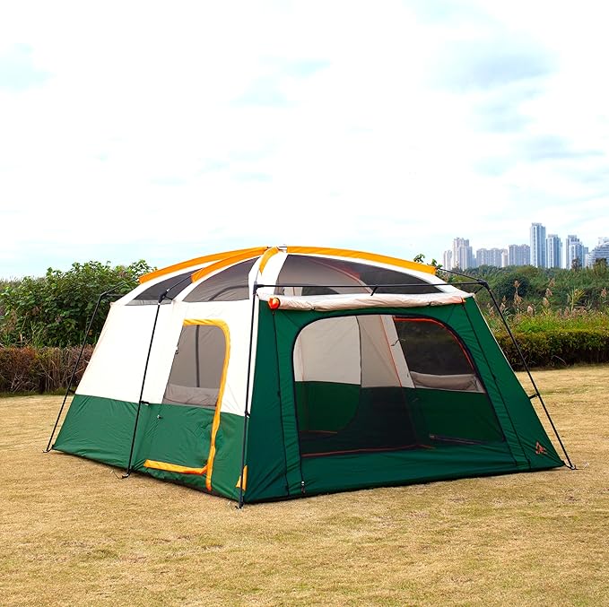 KTT Extra Large Tent 6-10-12-14 Person(A),Family Cabin Tents,2 Rooms,3 Doors and 3 Windows with Mesh,Straight Wall,Waterproof,Double Layer,Big Tent for Outdoor,Picnic,Camping,Family Gathering