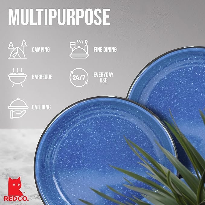 Red Co. Set of 4 Enamelware Metal 10” Round Camping Plates, White-Speckled Blue/Black Rim