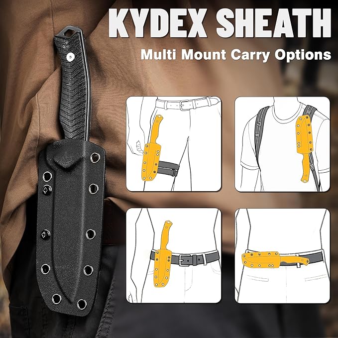 LOTHAR BAT Survival Knife, Full Tang D2 Steel Fixed Blade Knife with G10 Handle, Tactical Hunting Horizontal Carry Knives with Kydex Sheath, Bushcraft Camping Knives, Gifts For Men