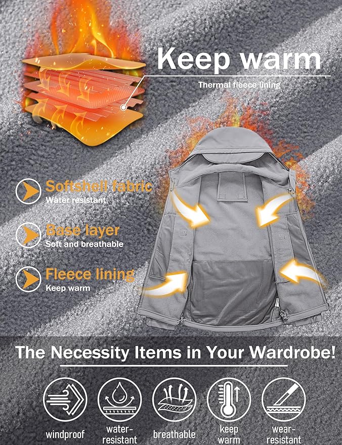 MAGCOMSEN Men's Tactical Jacket 7 Pockets Performance Fleece Lined Water Resistant Ski Snow Soft Shell Winter Coats