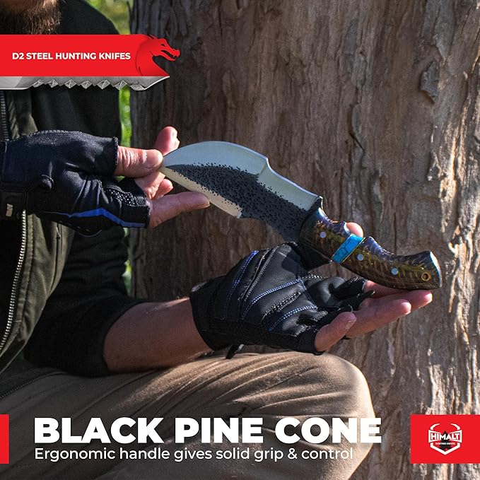 10" Hand Forged D2 Steel Fixed Blade Hunting Knife with Sheath-Black Pine Cone & Turquoise Stone Handle-Full Tang Survival, camping, Bushcraft knife -Ideal For EDC, skinning, Outdoor-Best Hunting Knives For Men.