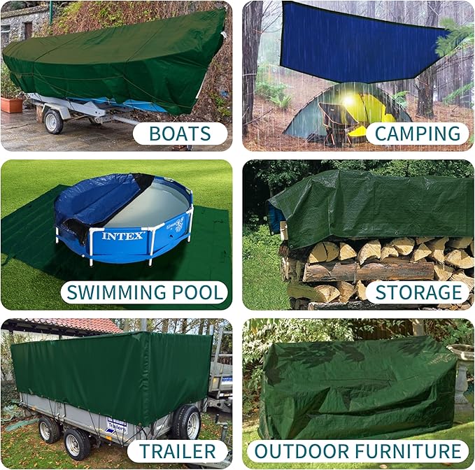 TARPAL 15x30 Feet Green Tarp Waterproof Multipurpose Protective Cover All Purpose Outdoor Poly Tarps Cover for Swimming Pool, Boat, car, Camping, firewood,Outdoor Furniture, Roof Waterproofing