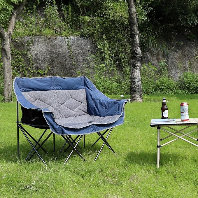 Folding Loveseat Camping Chair,Portable Double Chair w/Cup Holder,Wine Glass Holder,Carry Bag Heavy Duty Lawn Chair for 2 Adults,Perfect for Camp,Hiking,Picnics and Beach Trips,Blue