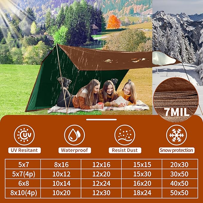 Tarp 20x30 ft 100% Waterproof 7mil Durable Grommets and Reinforced Edges,Uv Resistant,Green/Brown Tarp,Emergency Rain Shelter,Outdoor Cover and Camping Use -by MVPNET