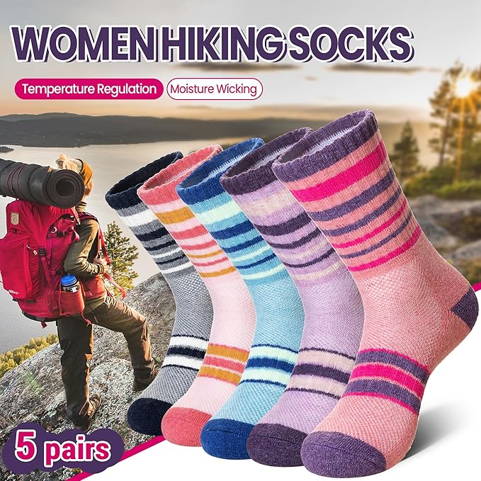 DoSmart Merino Wool Hiking Socks for Women Thermal Winter Warm Moisture Wicking Boot Work Cushion Gift Socks 5 Pairs