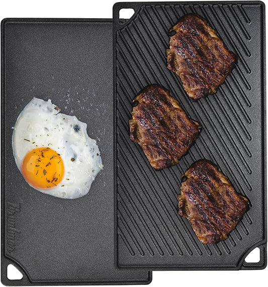 Bruntmor 2-in-1 Reversible Grill Plate - Pre-Seasoned Cast Iron Griddle Pan for Gas Stovetop, Oven, or Open Fire - 17x10-Inch Rectangular Double Sided Flat Pan for Camping, Roasting, and Grilling
