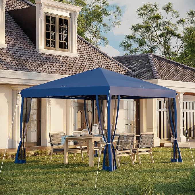Outsunny 10' x 10' Pop Up Canopy Tent with Netting, Instant Gazebo, Screen House Room with Carry Bag, Height Adjustable, for Outdoor, Garden, Patio, Camping, Blue