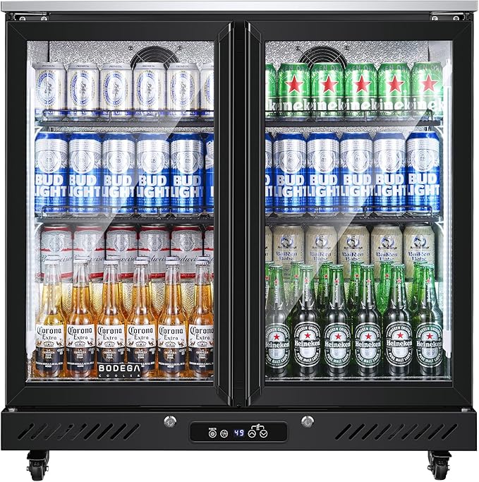 BODEGACOOLER Back Bar Cooler with 2 Glass Doors,7.7 Cu.ft Commercial Bar Beverage Refrigerator Under Counter LED Lighting for Soda Drinks,Beer,Wine with Stainless Steel Top,DOE Approved,4 Casters