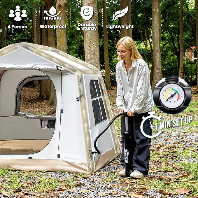TAILI Inflatable Blow Up Tent for Camping with Hand Pump for 2/3/4/6 Person, Easy Setup Outdoor Inflatable Oxford Waterproof Air Tent House for Family Camping Adult