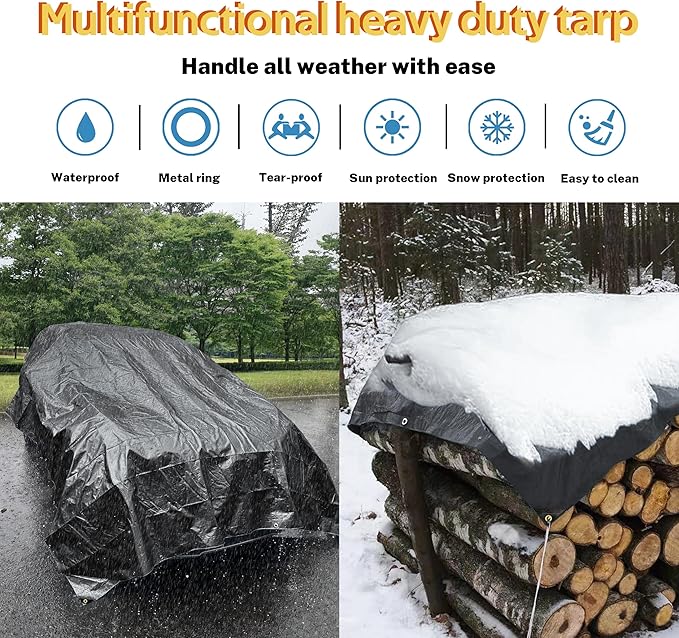 TARPAL 12x14ft tarp 14mil Black tarp Heavy Duty tarps Large Tarps，Water and UV Protection,for Outdoor Furniture Covers Waterproof,Awnings,Roofs,Tents,Pool Cover,Shade Cloth for Garden