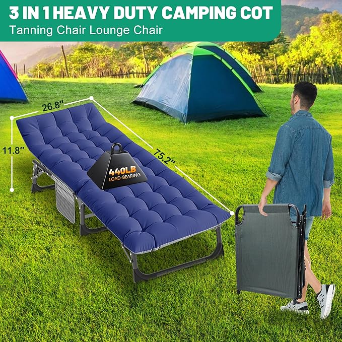 Slsy Folding Camping Cot for Adults with Pad, Padded Portable Sleeping Cots, Camp Bed with Carry Bag for Outdoor Travel, Beach, Hiking