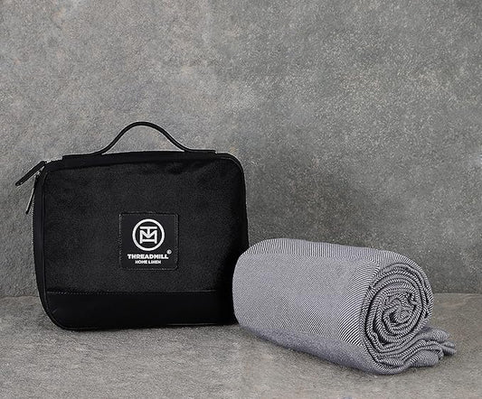 Threadmill Travel Blanket Cotton Viscose derived from Bamboo - Airplane Premium Soft Light Blanket Throw with Black Leather Bag(Grey Color) Compact & Portable Blanket for Travel, Car, Picnic & Camping