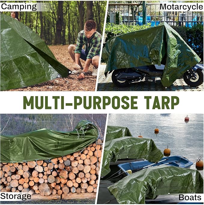 8 Pack 4 x 6 ft 5.5 Mil Small Tarps Heavy Duty Waterproof Tarp Multi Purpose Tent Cover for Home Boats Cars Camping Patio Furniture Roof Emergency Rain Protective Cover, Army Green