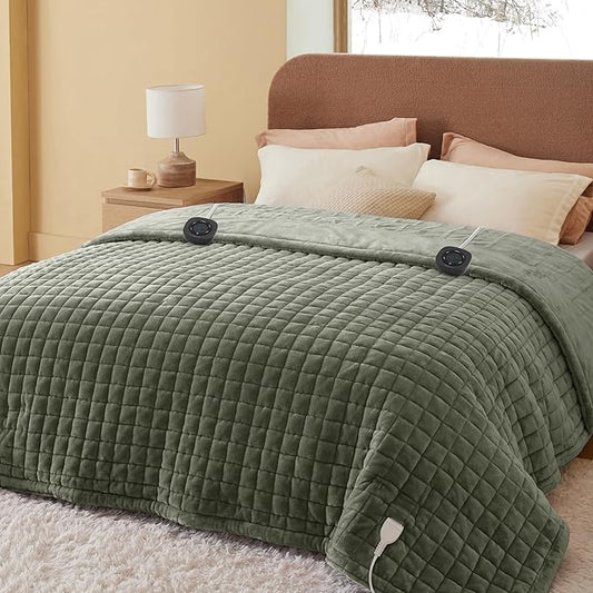 Bedsure Electric Blanket Queen Size - Dual Control Heated Weighted Blanket Queen with 10 Heat Settings, Fast Heating with 10 Time Settings (84x90 inches, Olive Green)